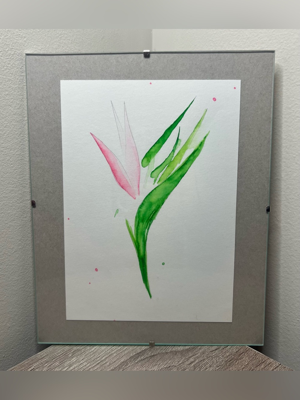 Original Watercolor Painting – Hand Painted Flower in Green and Pink, Frame 10x8
